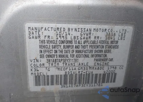 2014 Nissan Sentra Sr из США, поврежденный, VIN 3N1AB7AP3EY311781